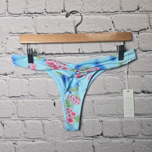 Frankies Bikinis Dexter Thong Bikini Bottom Blue Floral Print New Size Large - Picture 1 of 10